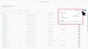 Educator account in Xello. The Completion Standards report for the Learning Styles quiz is open. The cursor is clicking on the Data options menu. There are options to add or remove table columns or export to an Excel or CSV file